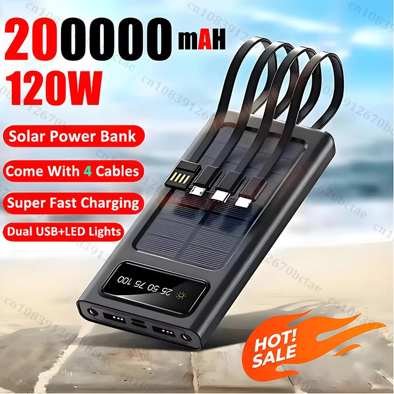 200000Mah Solar Power Bank Large Capacity Super Fast Charging Digital Display 4 Cables External Battery for Iphone 16 15 Xiaomi