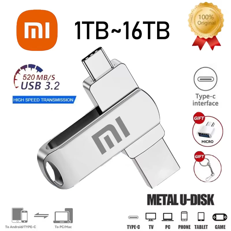 Xiaomi 16TB Flash Drive USB 3.2 Super High Speed Transfer Type-C 2-In-1 Metal U Disk Waterproof Portable Memoria Usb Flash Disk