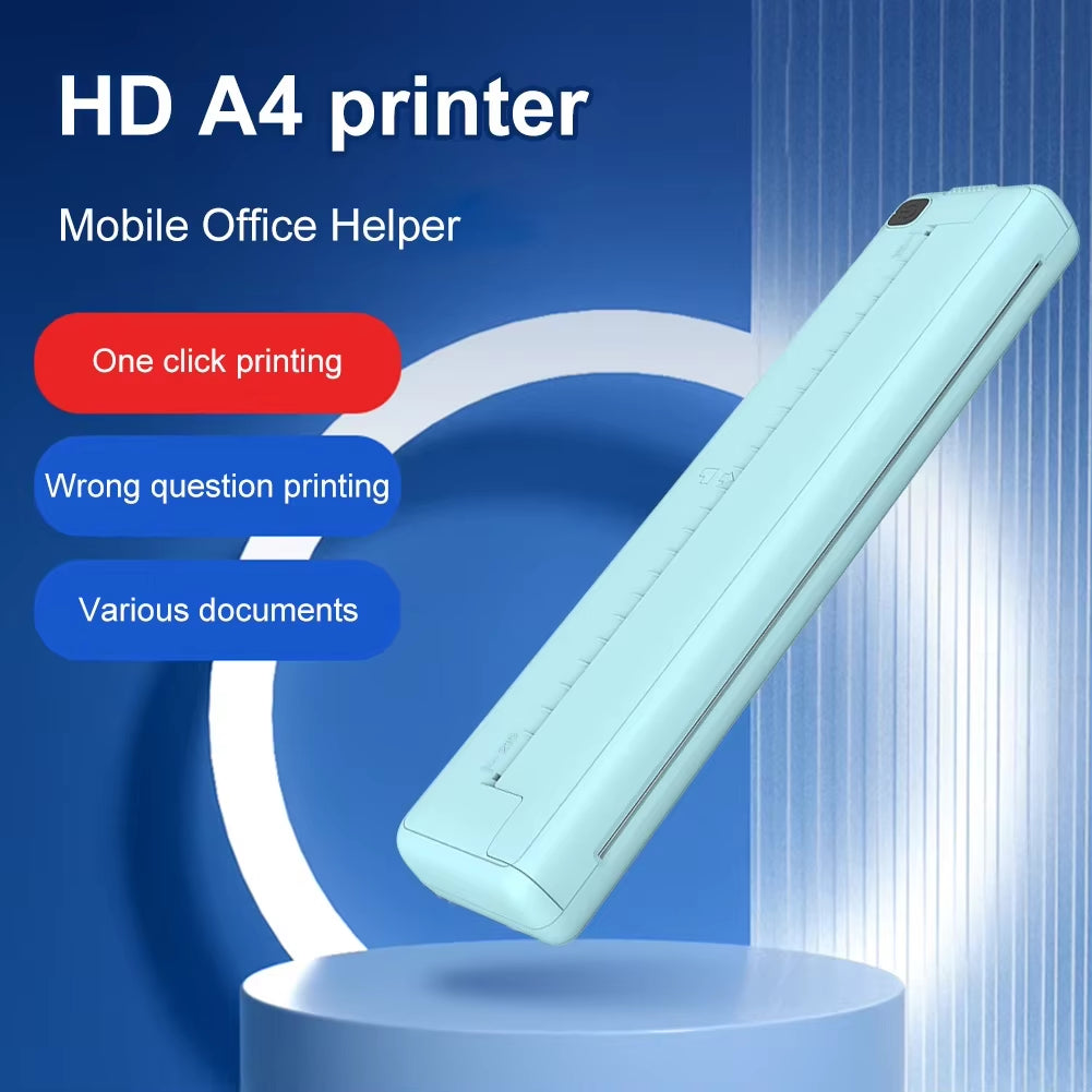 Wireless Bluetooth A4 Inkless Thermal Printer 1000Mah Pocket Photo Document Sticker Printer+300Pcs Print Paper for Home Office