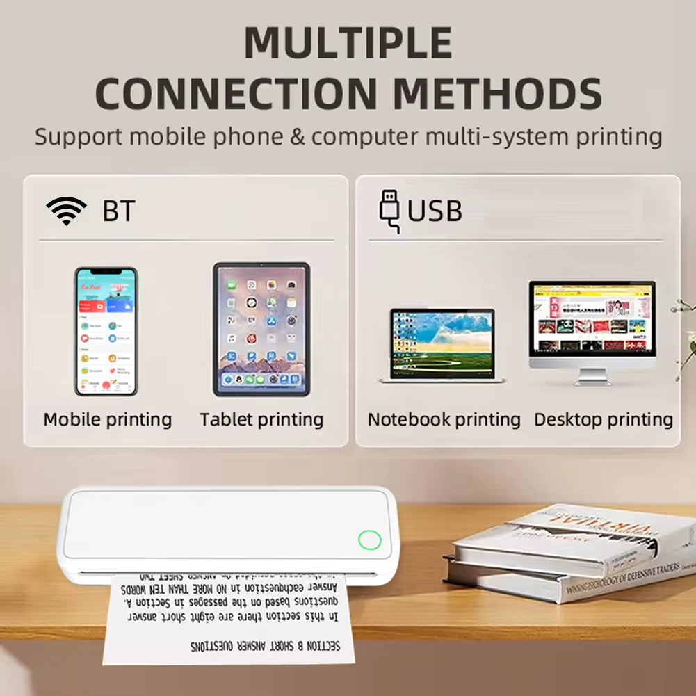 A4 Portable Thermal Printer Inkless BT Wireless Portable Printer with Printing Paper Min Portable A4 Label Maker Home Office Use