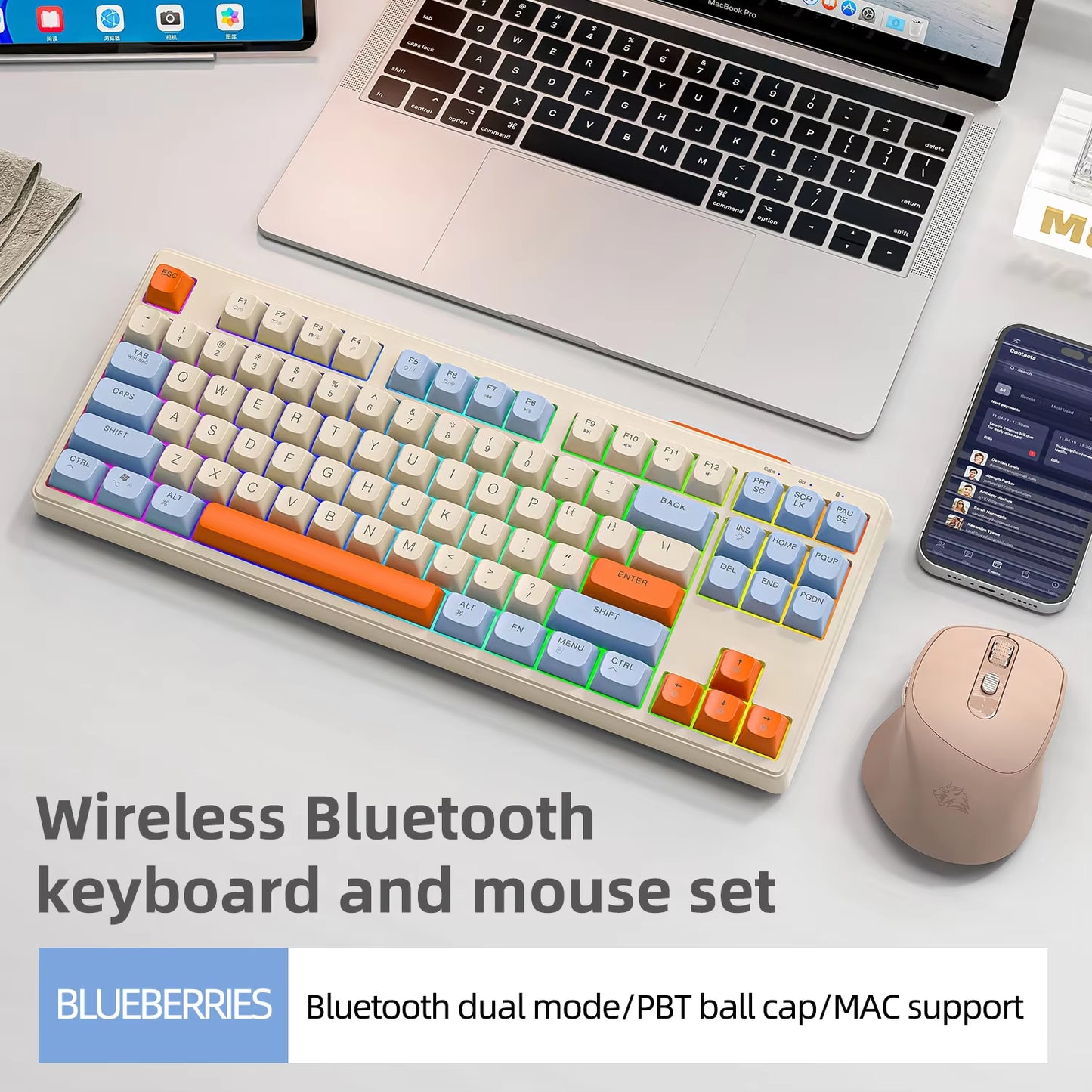 M87 Wireless Keyboard, 87Keys Dual Mode Bluetooth Keyboard with Rainbow-Light RGB,PBT Ballcaps Design Gaming Keyboard
