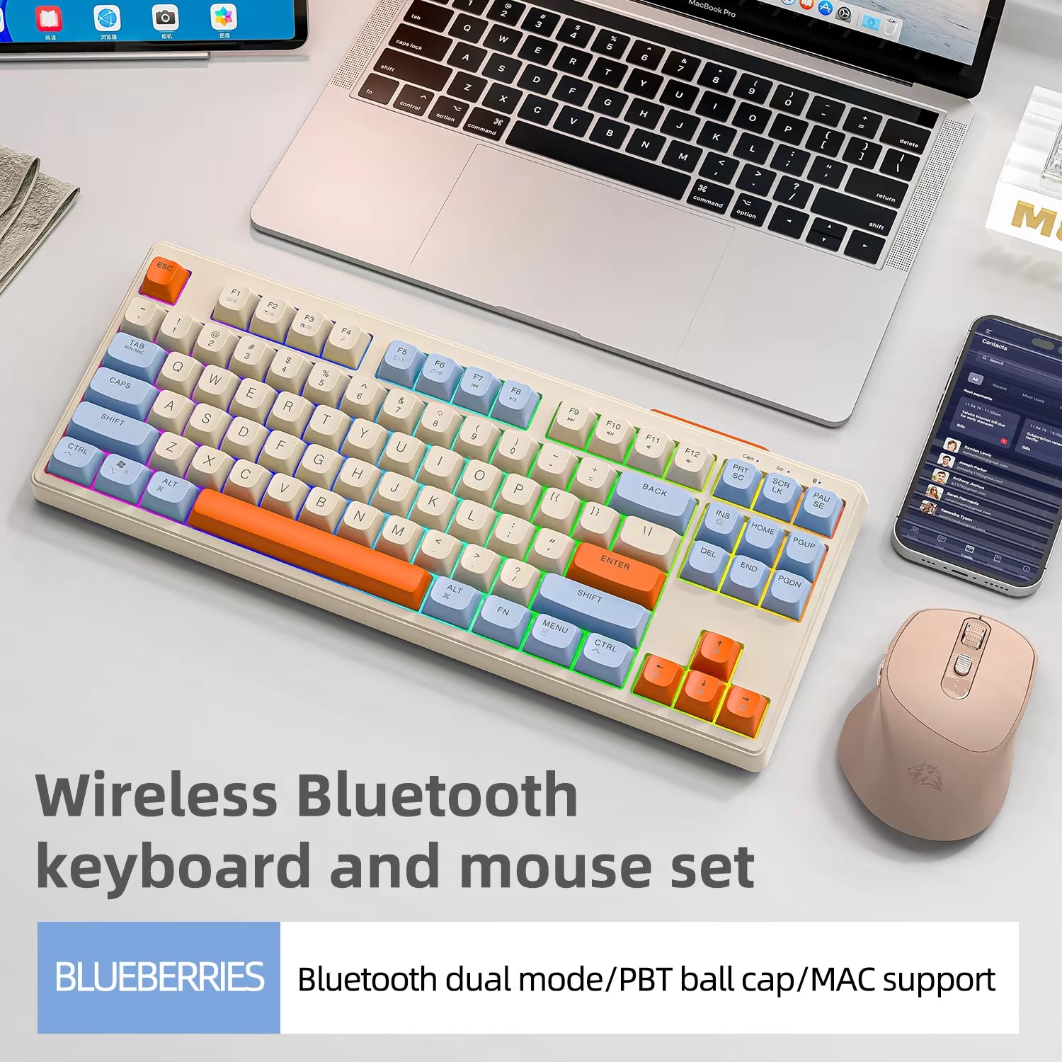 M87 Wireless Keyboard, 87Keys Dual Mode Bluetooth Keyboard with Rainbow-Light RGB,PBT Ballcaps Design Gaming Keyboard