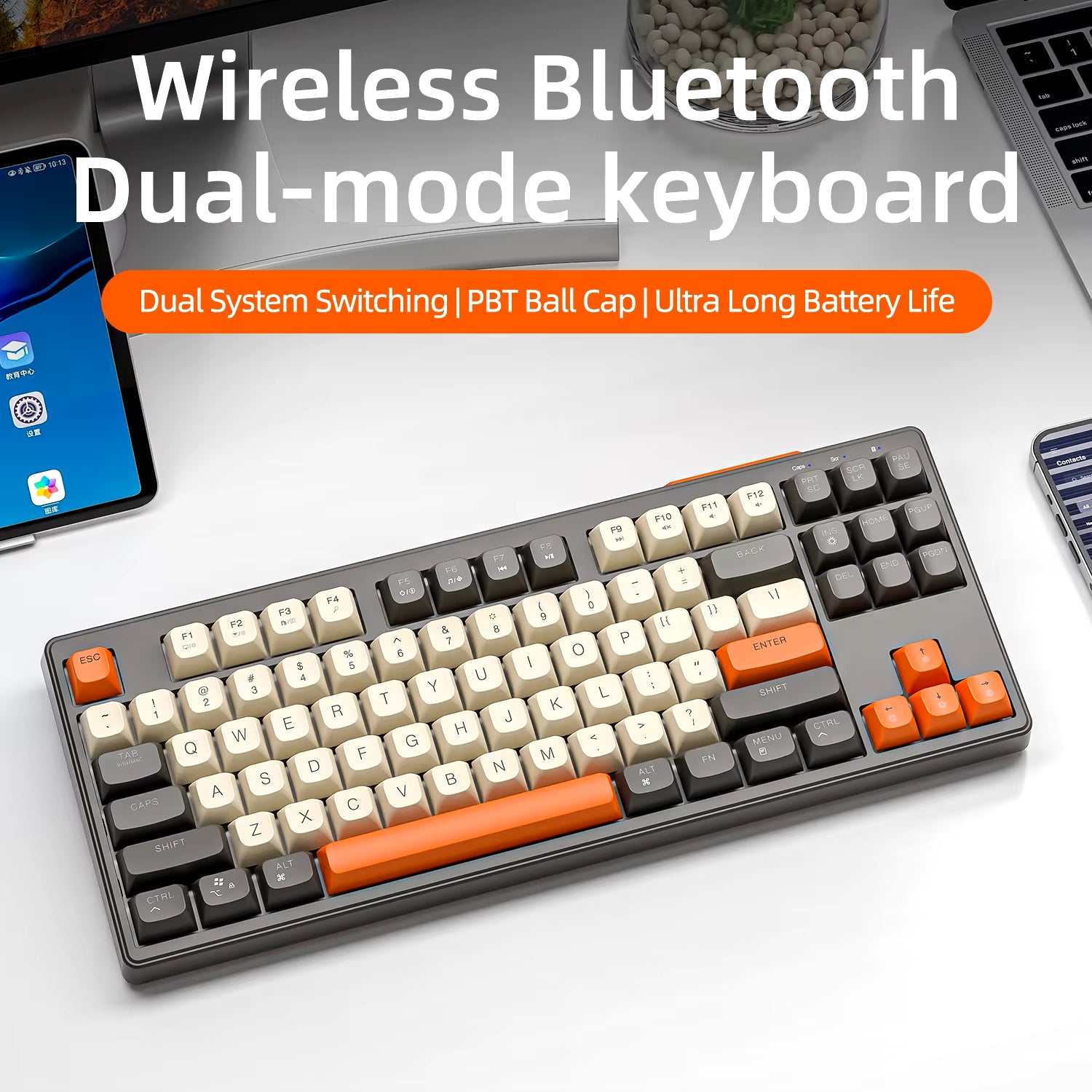 M87 Wireless Keyboard, 87Keys Dual Mode Bluetooth Keyboard with Rainbow-Light RGB,PBT Ballcaps Design Gaming Keyboard