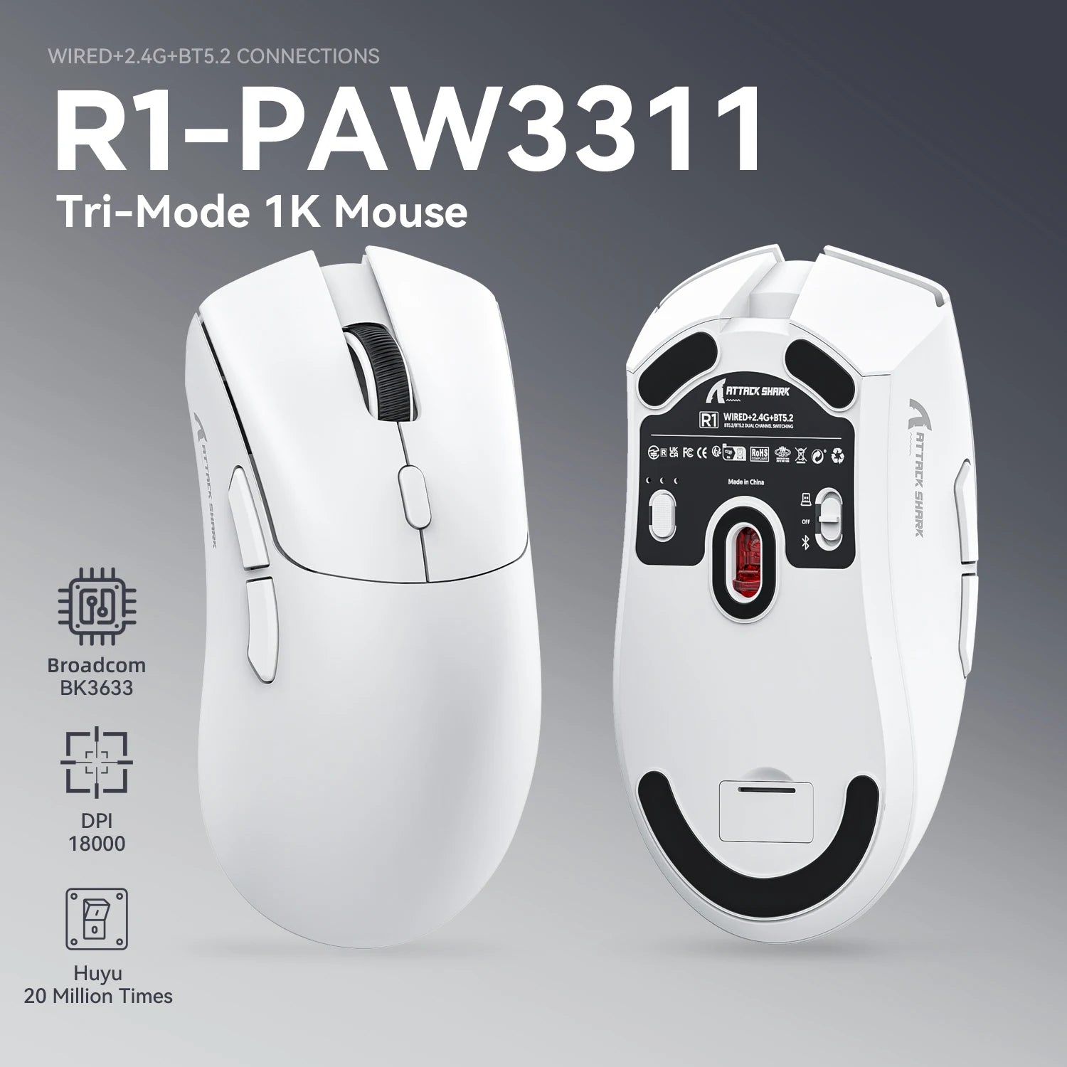 R1 1000Hz Bluetooth Mouse,18000Dpi,Paw3311,Tri-Mode Connection, Macro Gaming Mouse