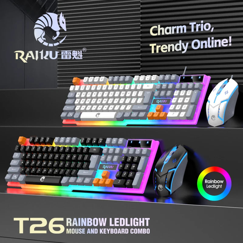 Single Keyboard and Keyboard Mouse RAIKU T26 Three Tone Luminous Keyboard Mouse Wired Mechanical Touch Gaming Mouse Keyboard Set