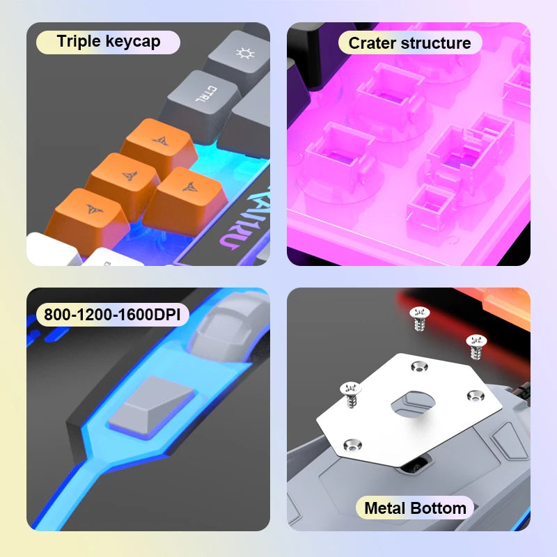 Single Keyboard and Keyboard Mouse RAIKU T26 Three Tone Luminous Keyboard Mouse Wired Mechanical Touch Gaming Mouse Keyboard Set
