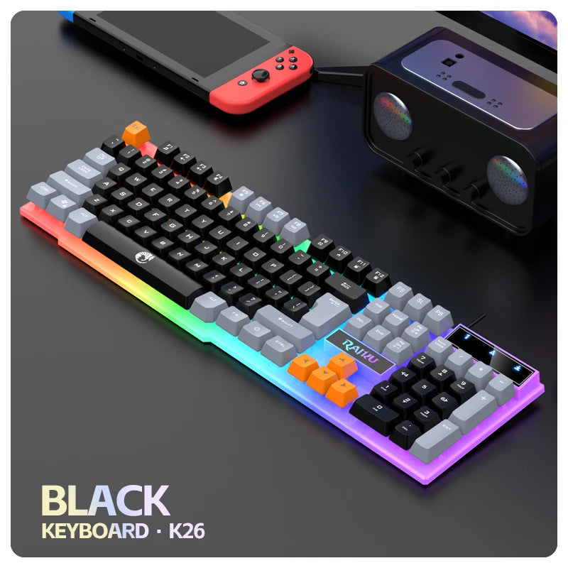 Single Keyboard and Keyboard Mouse RAIKU T26 Three Tone Luminous Keyboard Mouse Wired Mechanical Touch Gaming Mouse Keyboard Set