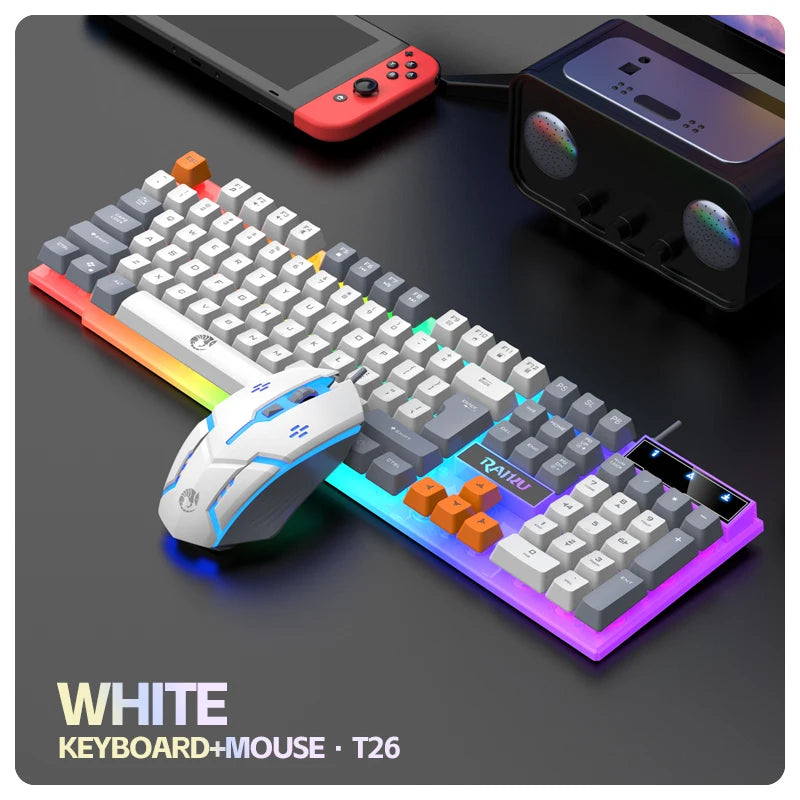 Single Keyboard and Keyboard Mouse RAIKU T26 Three Tone Luminous Keyboard Mouse Wired Mechanical Touch Gaming Mouse Keyboard Set