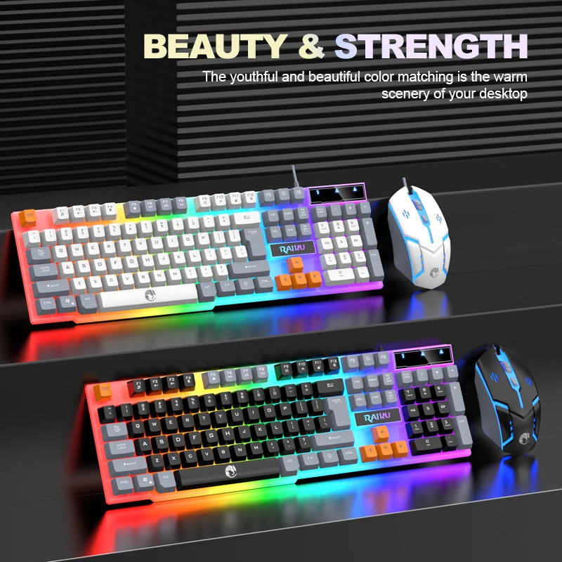 Single Keyboard and Keyboard Mouse RAIKU T26 Three Tone Luminous Keyboard Mouse Wired Mechanical Touch Gaming Mouse Keyboard Set