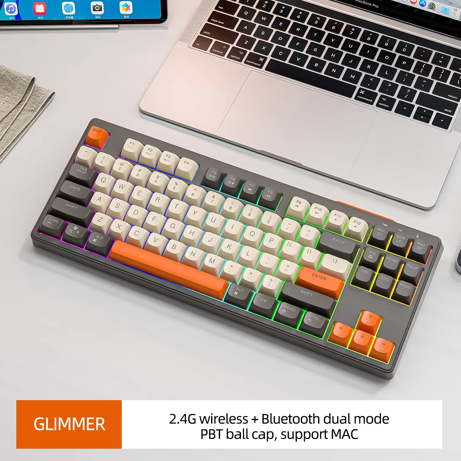 M87 Wireless Keyboard, 87Keys Dual Mode Bluetooth Keyboard with Rainbow-Light RGB,PBT Ballcaps Design Gaming Keyboard