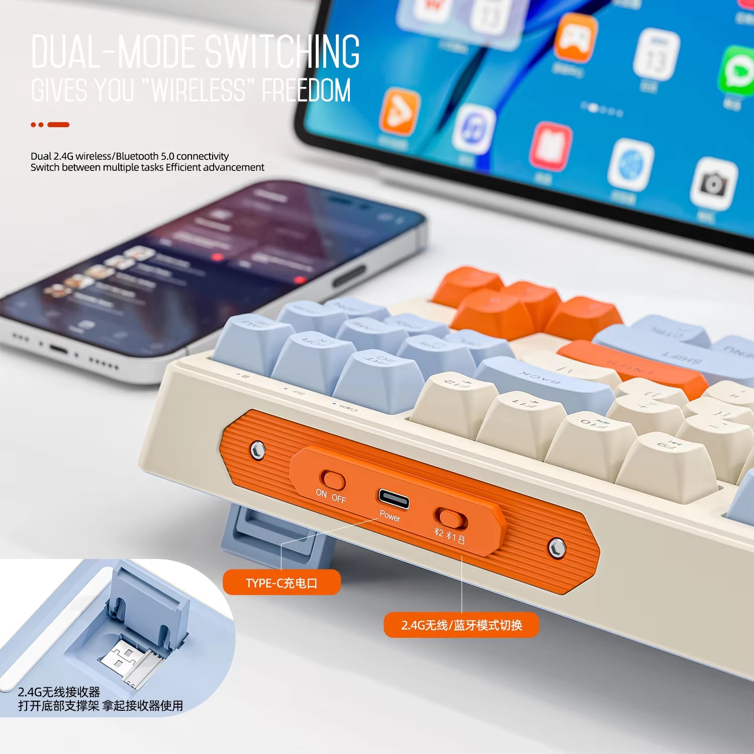 M87 Wireless Keyboard, 87Keys Dual Mode Bluetooth Keyboard with Rainbow-Light RGB,PBT Ballcaps Design Gaming Keyboard