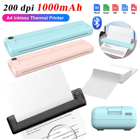 Wireless Bluetooth A4 Inkless Thermal Printer 1000Mah Pocket Photo Document Sticker Printer+300Pcs Print Paper for Home Office