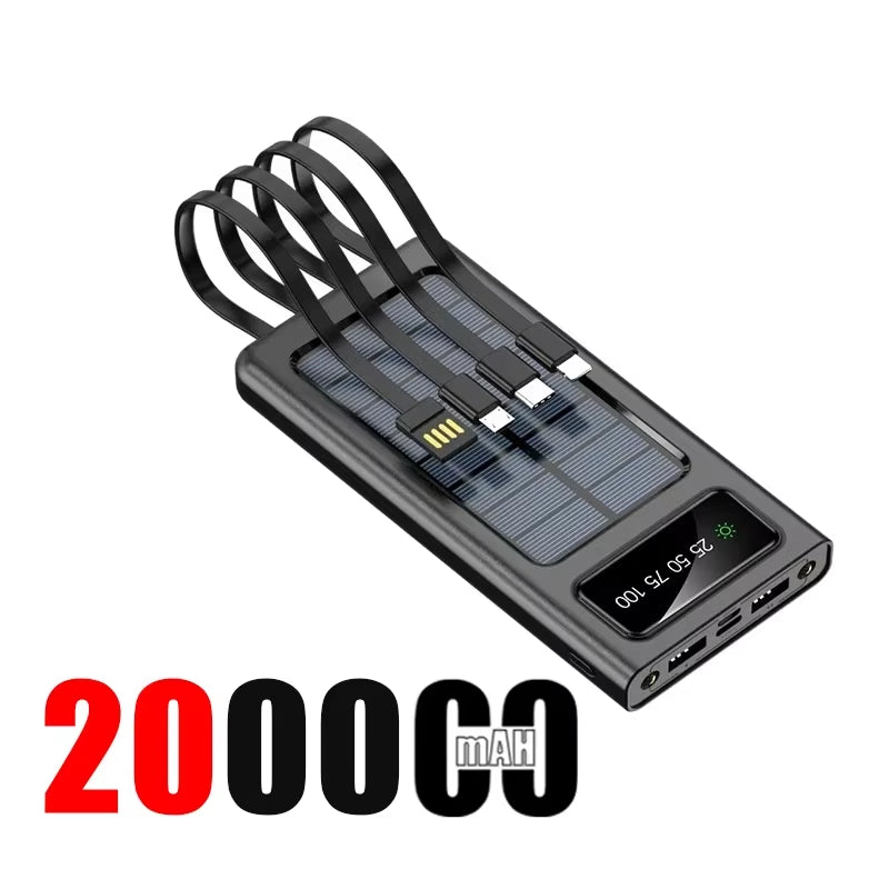 200000Mah Solar Power Bank Large Capacity Super Fast Charging Digital Display 4 Cables External Battery for Iphone 16 15 Xiaomi